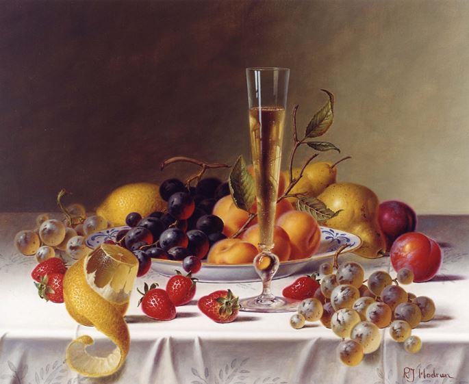 Roy Hodrien - A Still Life with Champagne &amp; Fruit on a Tablecloth | MasterArt